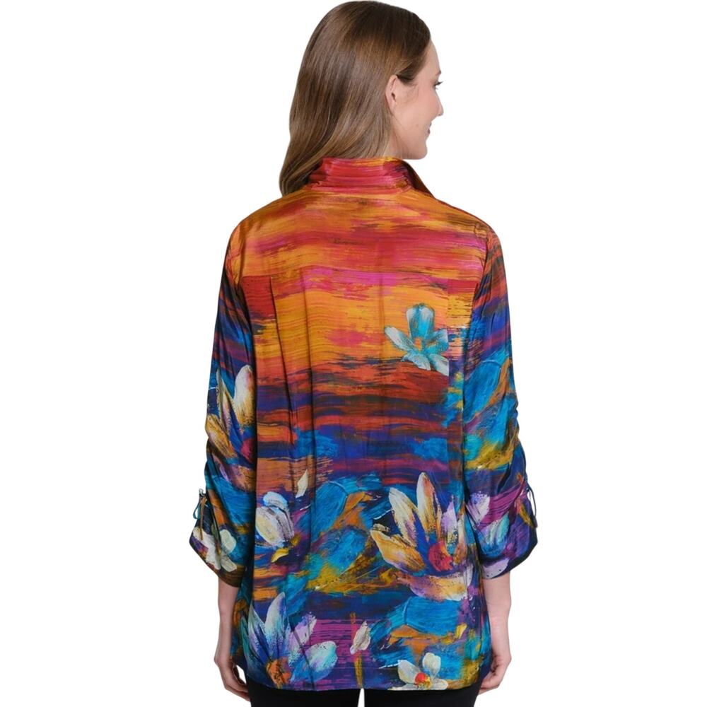 John Mark Woven Floral Painting Print Wire Collar 3/4 Cinch Sleeve Tunic Size 2X - Picture 2 of 4